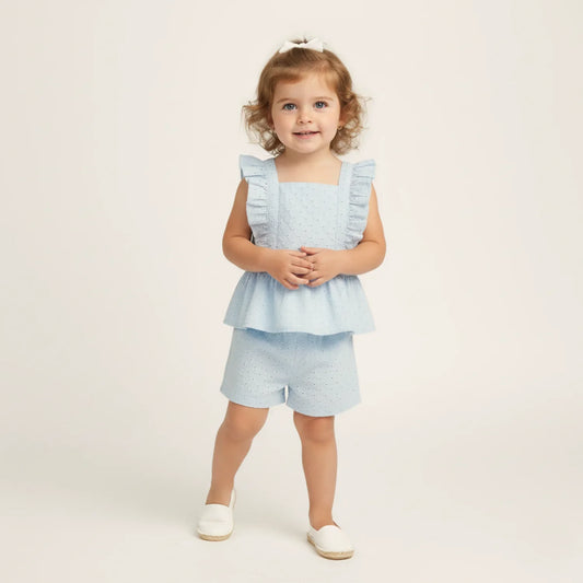 Organic Eyelet Flutter Top And Shorts Set - Light Blue Eyelet