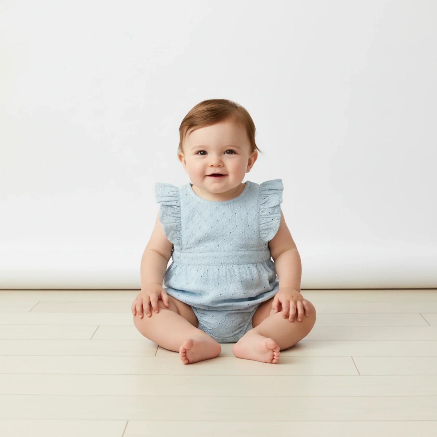 Organic Eyelet Flutter Romper - Light Blue Eyelet