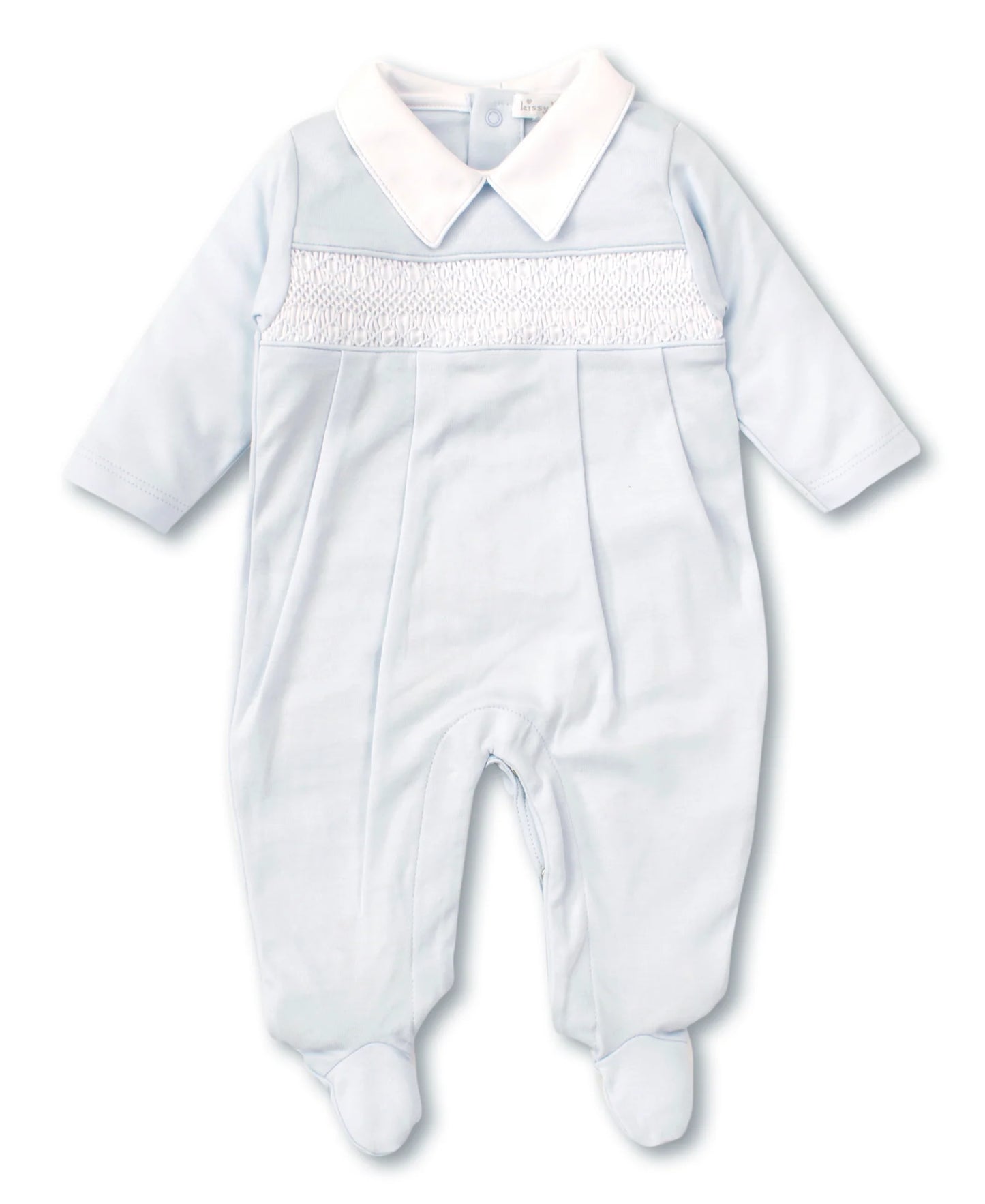 Hand Smocked CLB Charmed Blue Footie with Collar