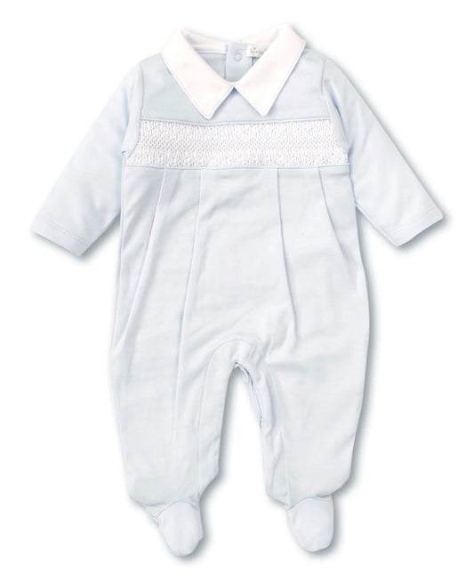Hand Smocked CLB Charmed Blue Footie with Collar