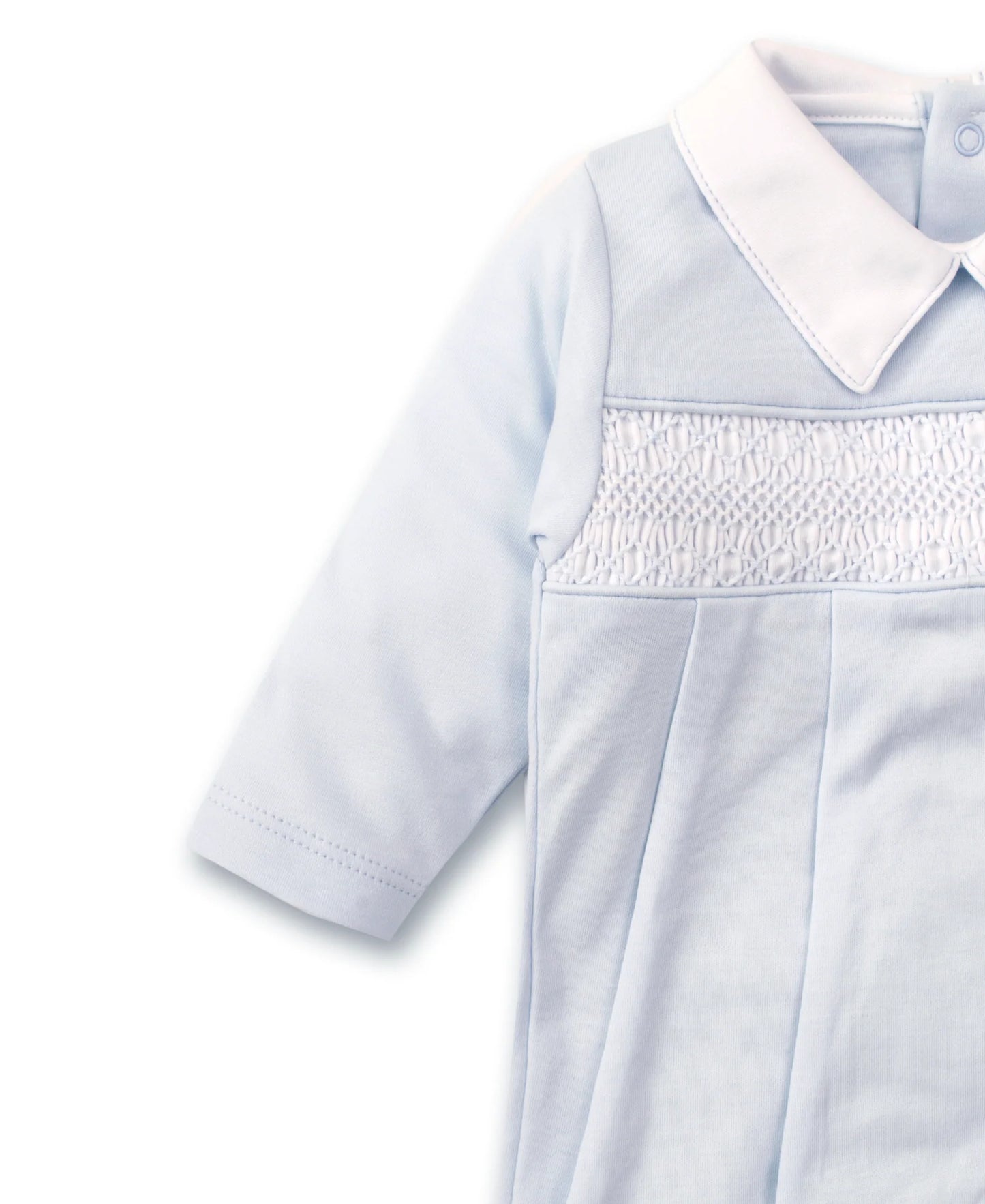 Hand Smocked CLB Charmed Blue Footie with Collar