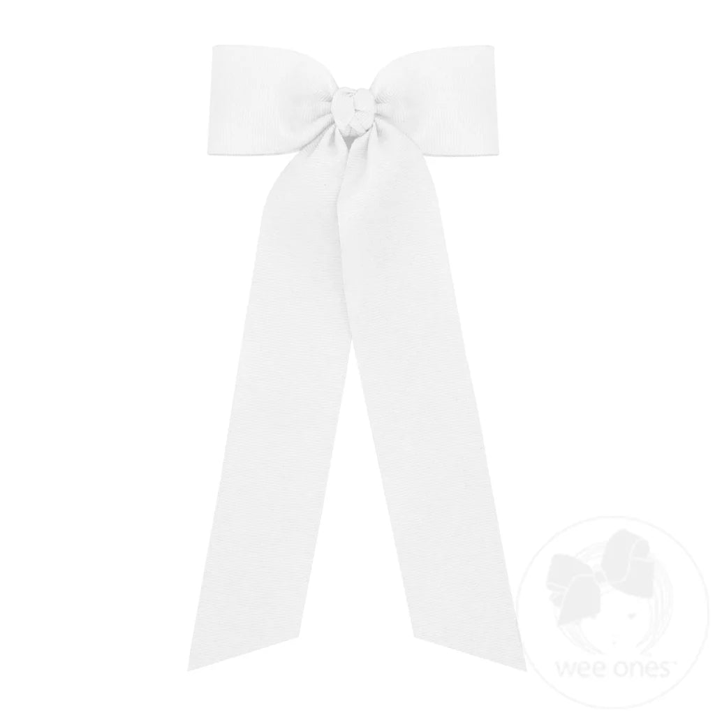 White Medium Grosgrain Hair Bowtie with Knot Wrap and Streamer Tails