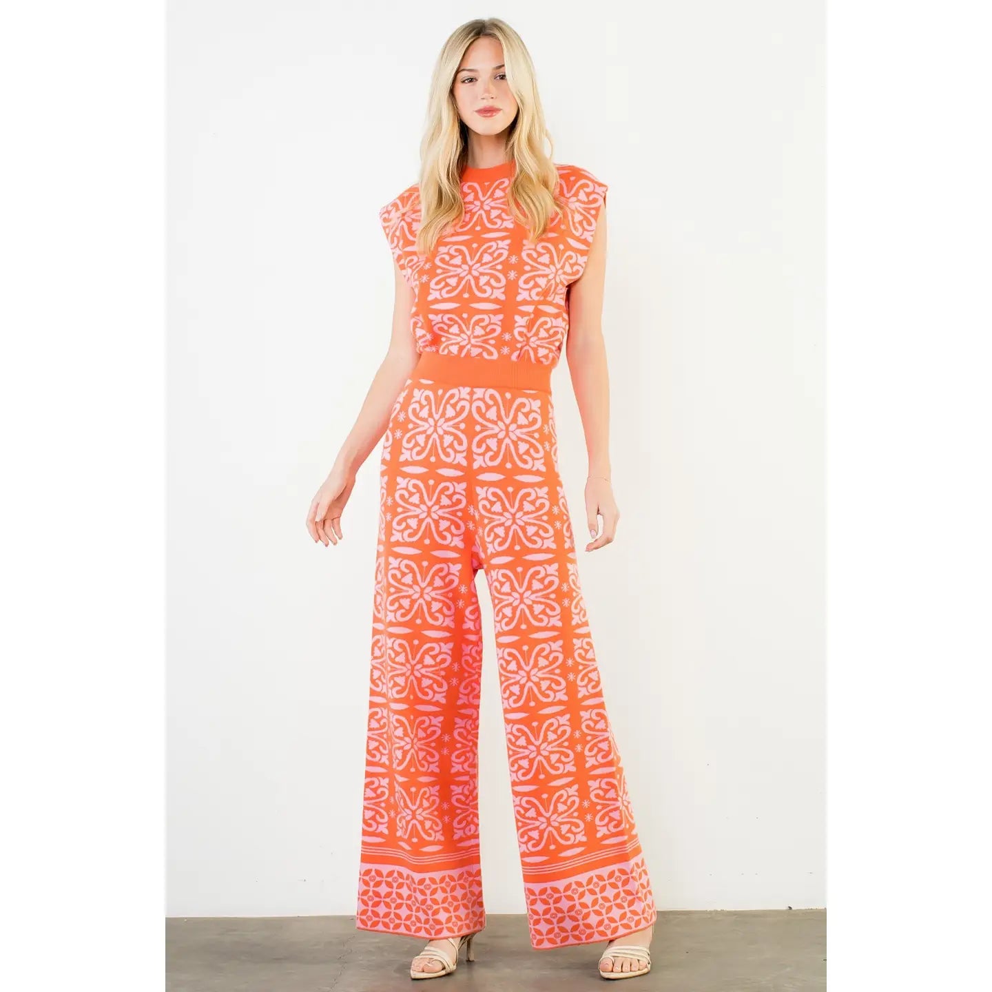 Orange Floral Pattern Knit Set