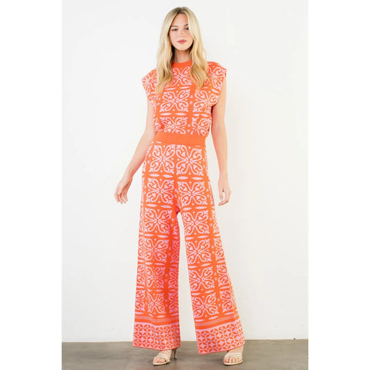 Orange Floral Pattern Knit Set
