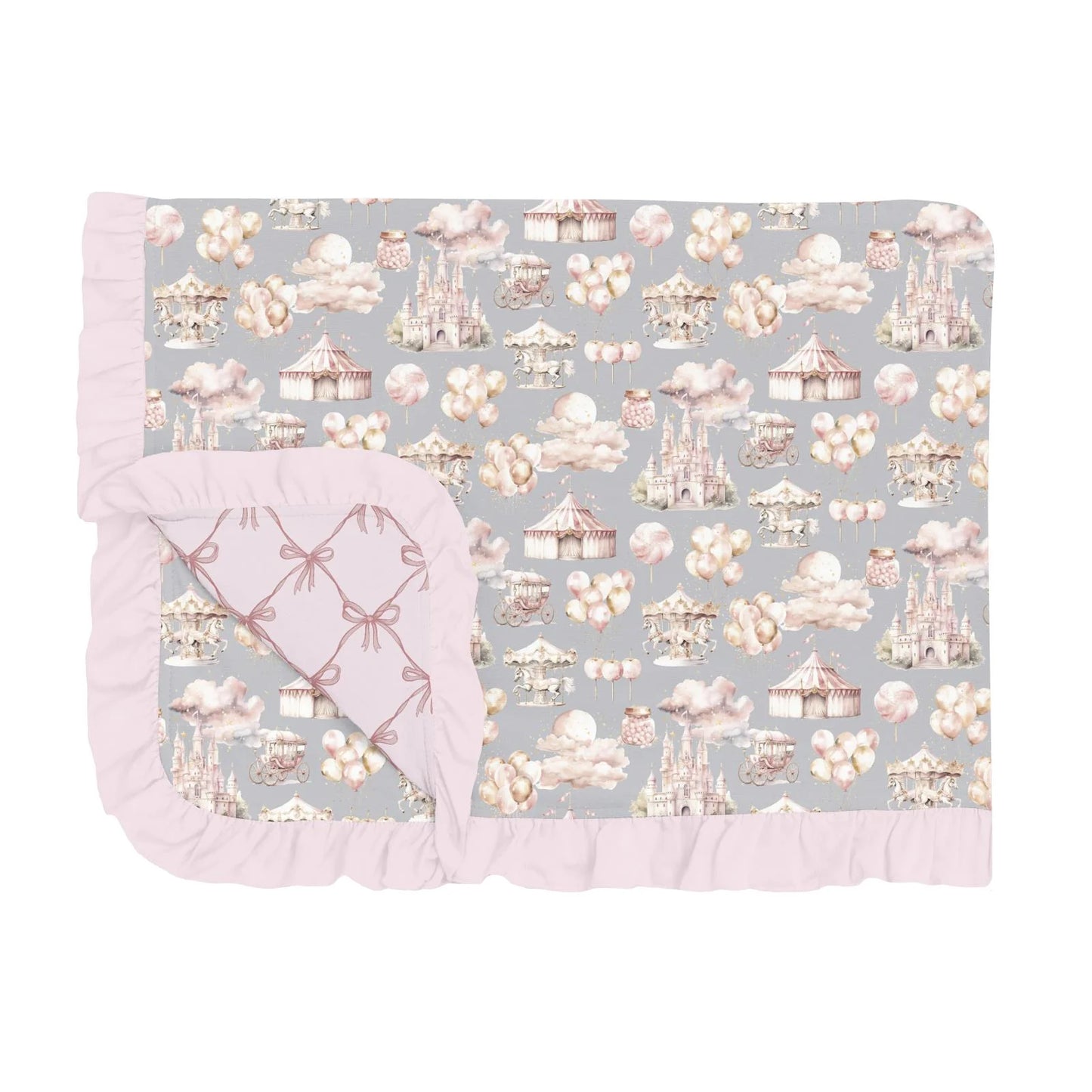 Ruffle Toddler Blanket in Dove Princess Dreams with Shrinking Violet Bow Lattice