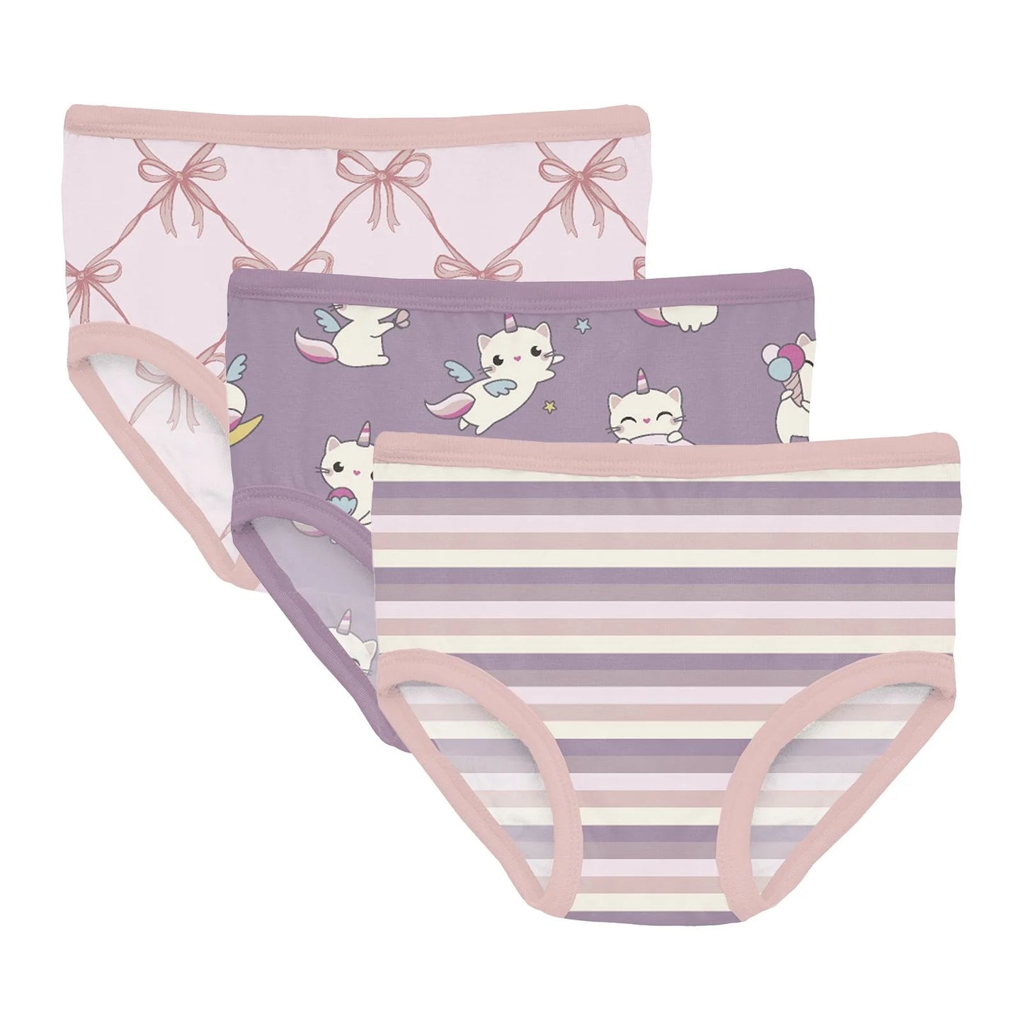 Girl's Underwear Set of 3 in Shrinking Violet Bow Lattice, Lavender Bliss Stripe & Lavender Caticorn