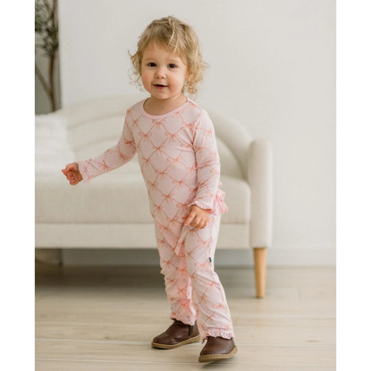 Oh La La Ruffle Romper in Shrinking Violet Bow Lattice