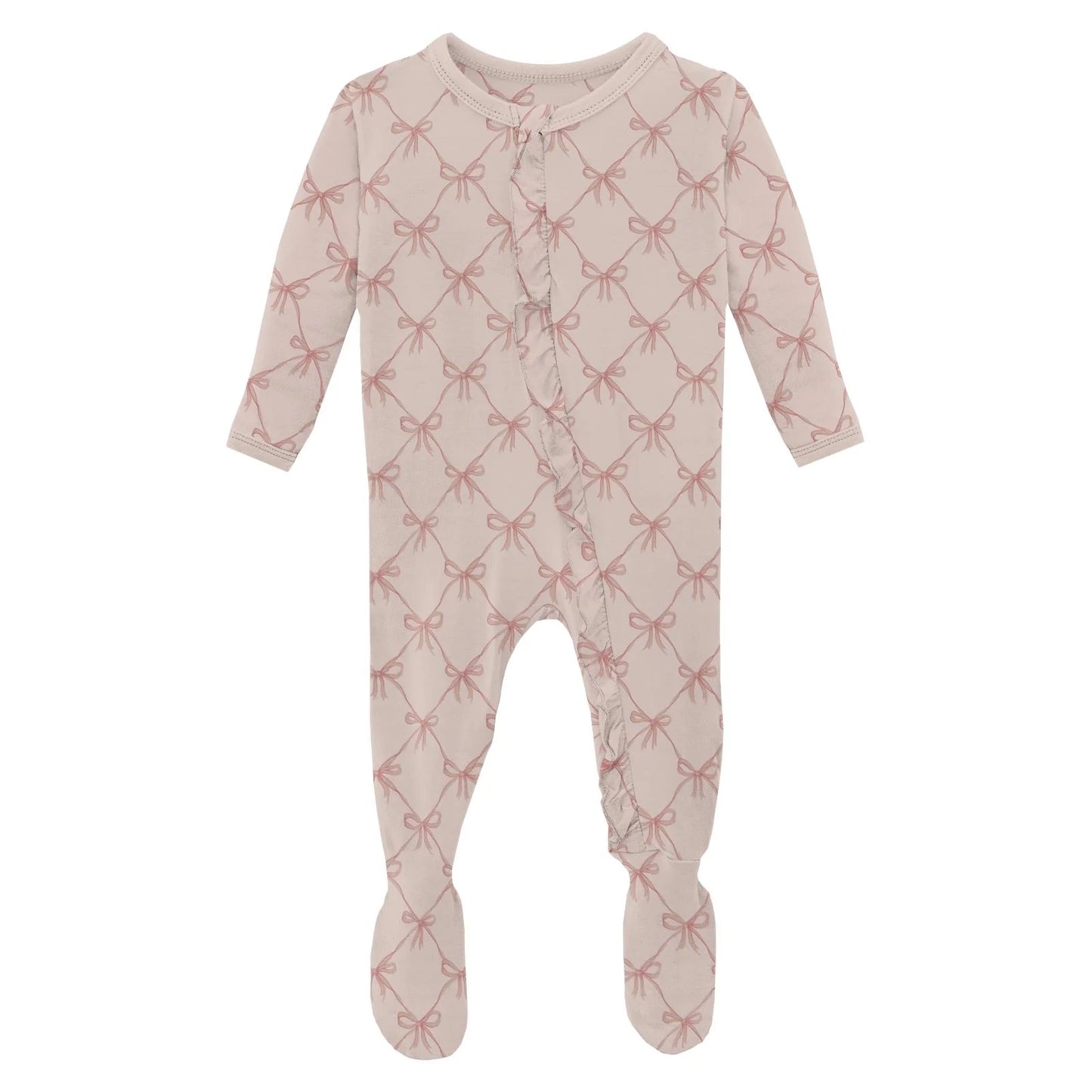 Layette Ruffle Footie with 2 Way Zipper in Shrinking Violet Bow Lattice