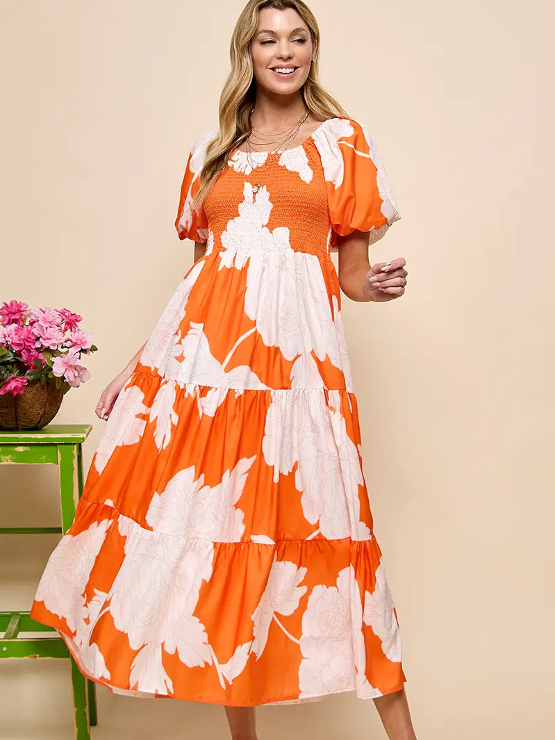 Orange Floral Puff Sleeve Dress