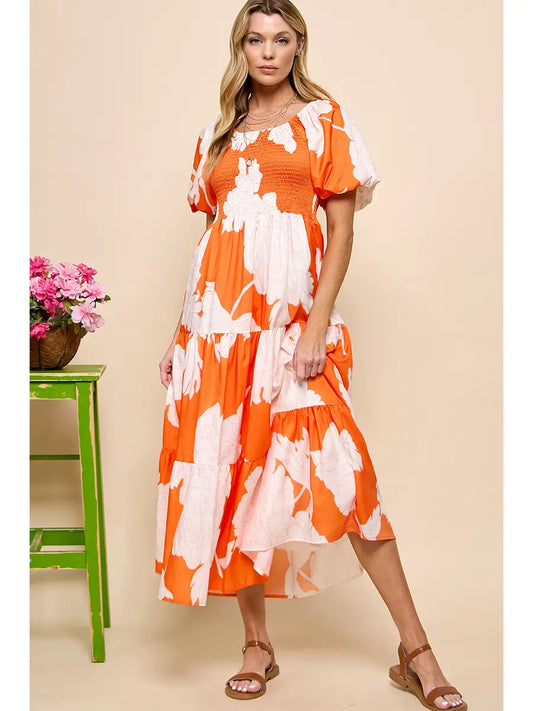 Orange Floral Puff Sleeve Dress