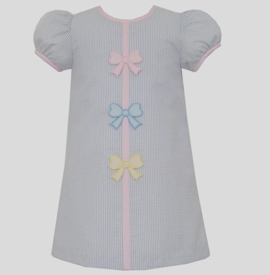 Pastel Bows on Light Blue Seersucker A-Line Dress