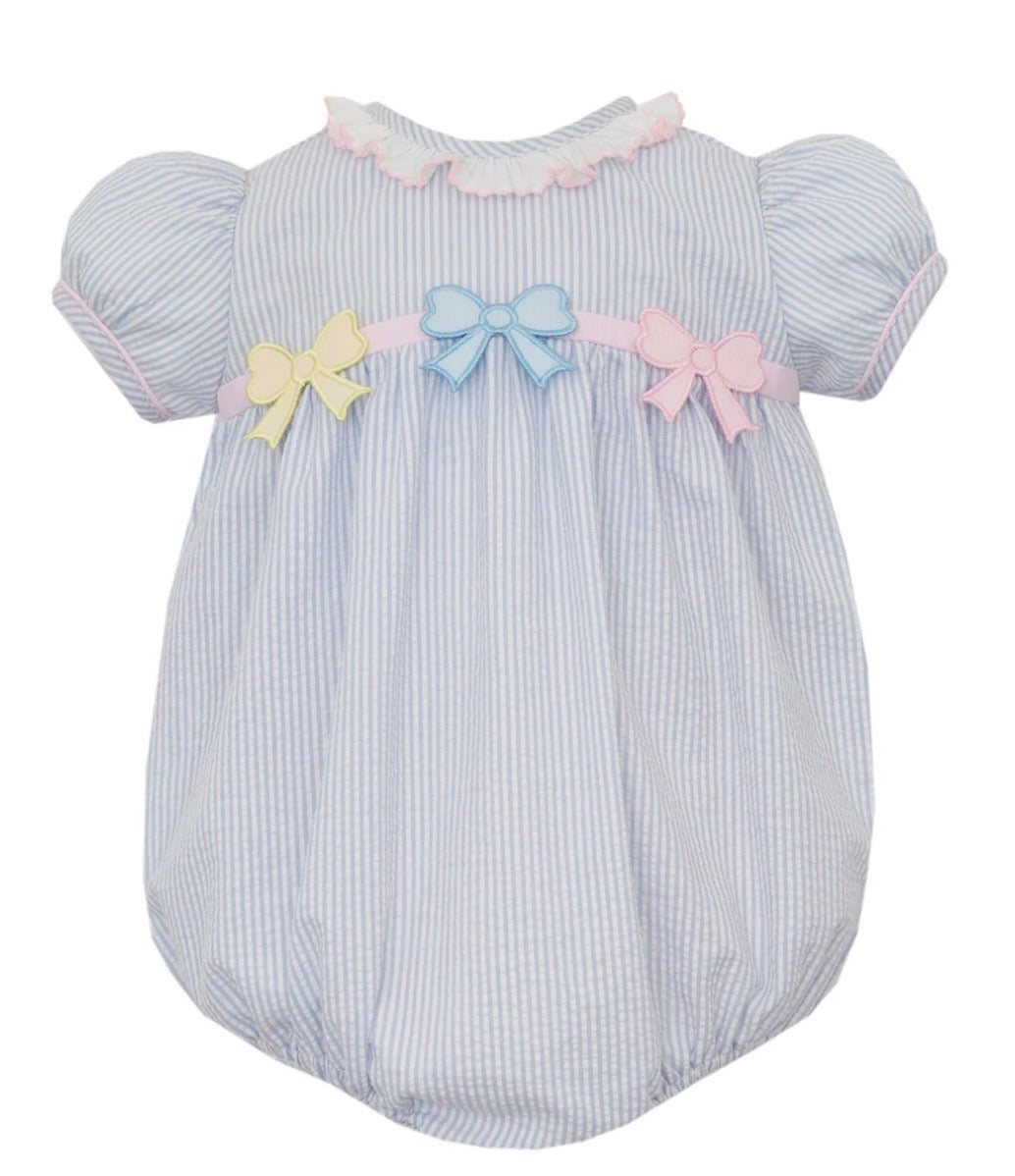 Pastel Bows on Light Blue Seersucker Bubble