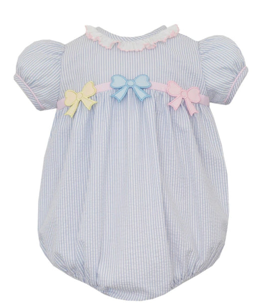 Pastel Bows on Light Blue Seersucker Bubble
