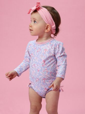 Lavender Floral Princess Long Sleeve One Piece Rash Guard Swimsuit