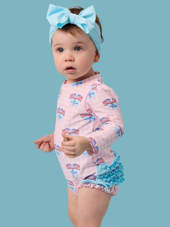Pink Patriotic Gingham Long Sleeve One Piece Rash Guard Swimsuit