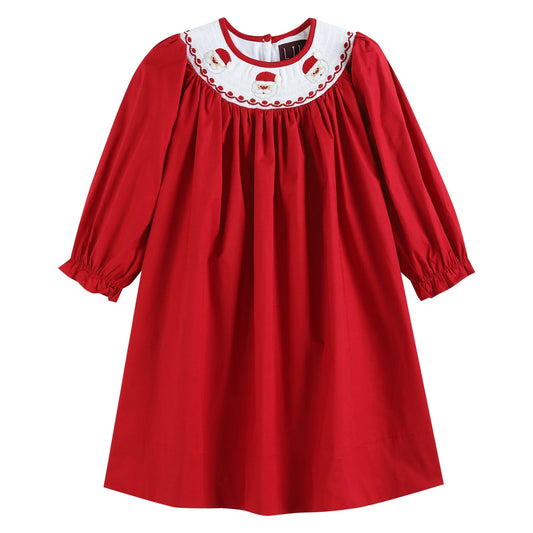 Red Poplin Santa Smocked Bishop Dress