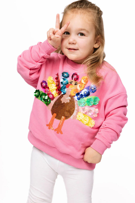 QOS Kids Pink Rainbow Flower Turkey Sweatshirt