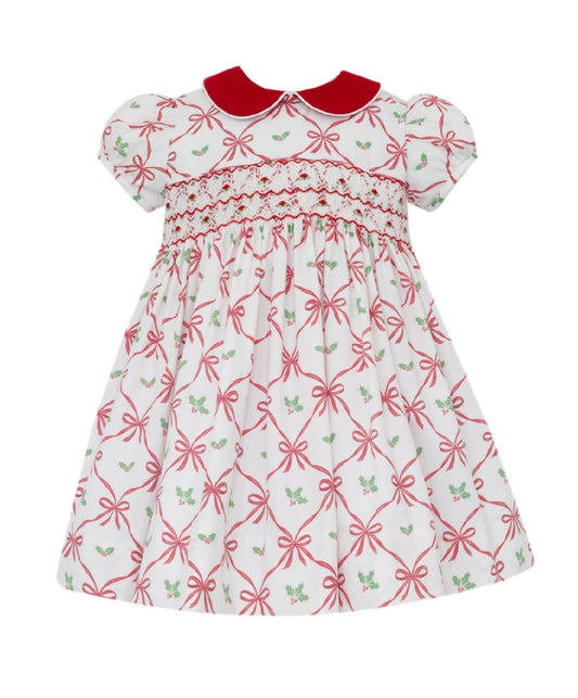 Alison Red Holiday Bow Print Dress W Red Collar