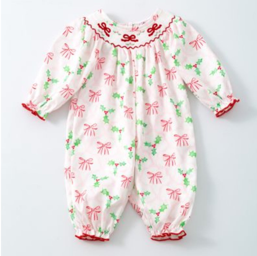 Bows and Mistletoes Smocked Baby Romper