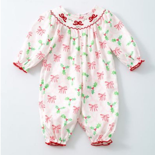 Bows and Mistletoes Smocked Baby Romper
