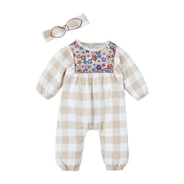 Neutral Check Floral Baby Longall And Headband Set