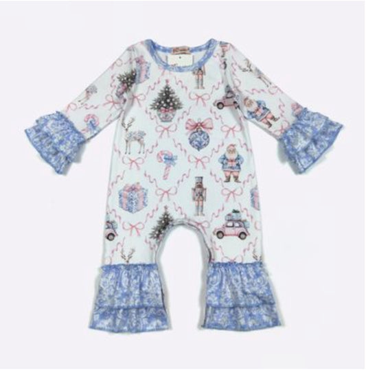 Blue Damask Nutcracker Baby Romper