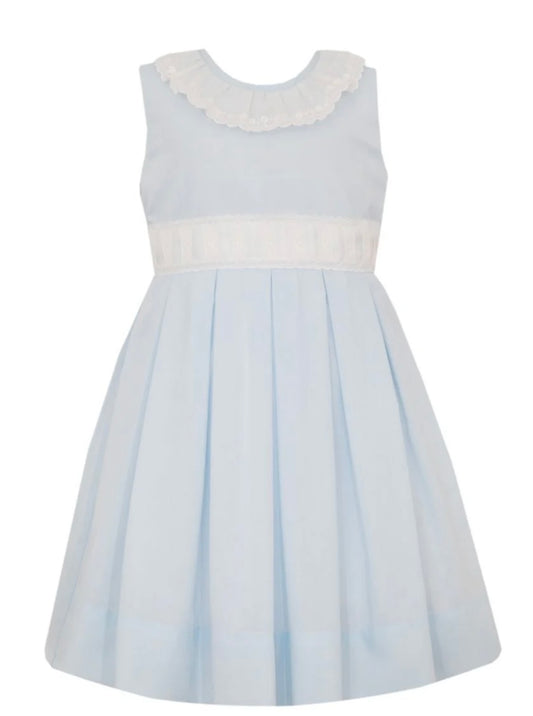 Light Blue Swiss Batiste Sleeveless Dress with White Ribbon Swiss Eyelet
