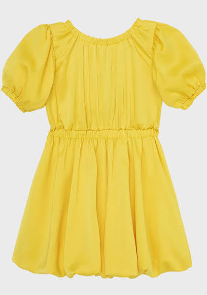 Yellow Satin Puff Sleeve Dress
