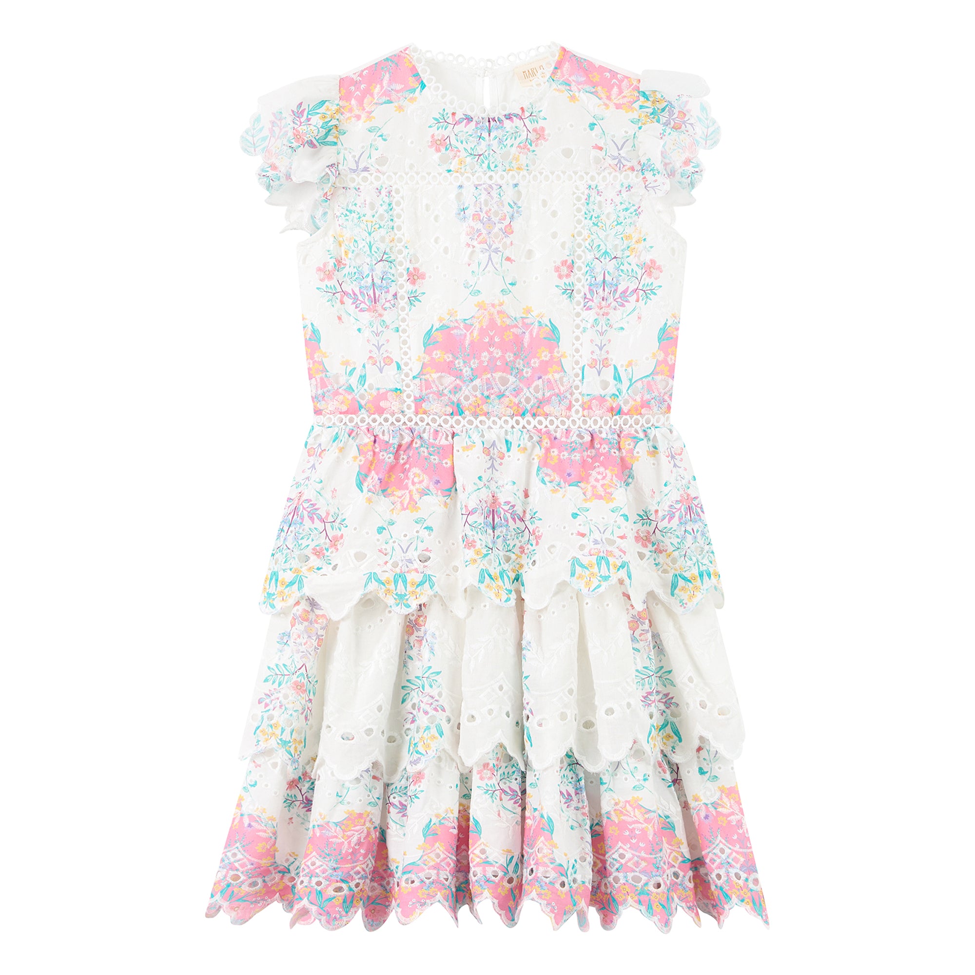 Kate Mack Girl's Island Hopping Dress - 7-16 Size, Palm Print With Fringe Skirt & Cage Back, Multicolored