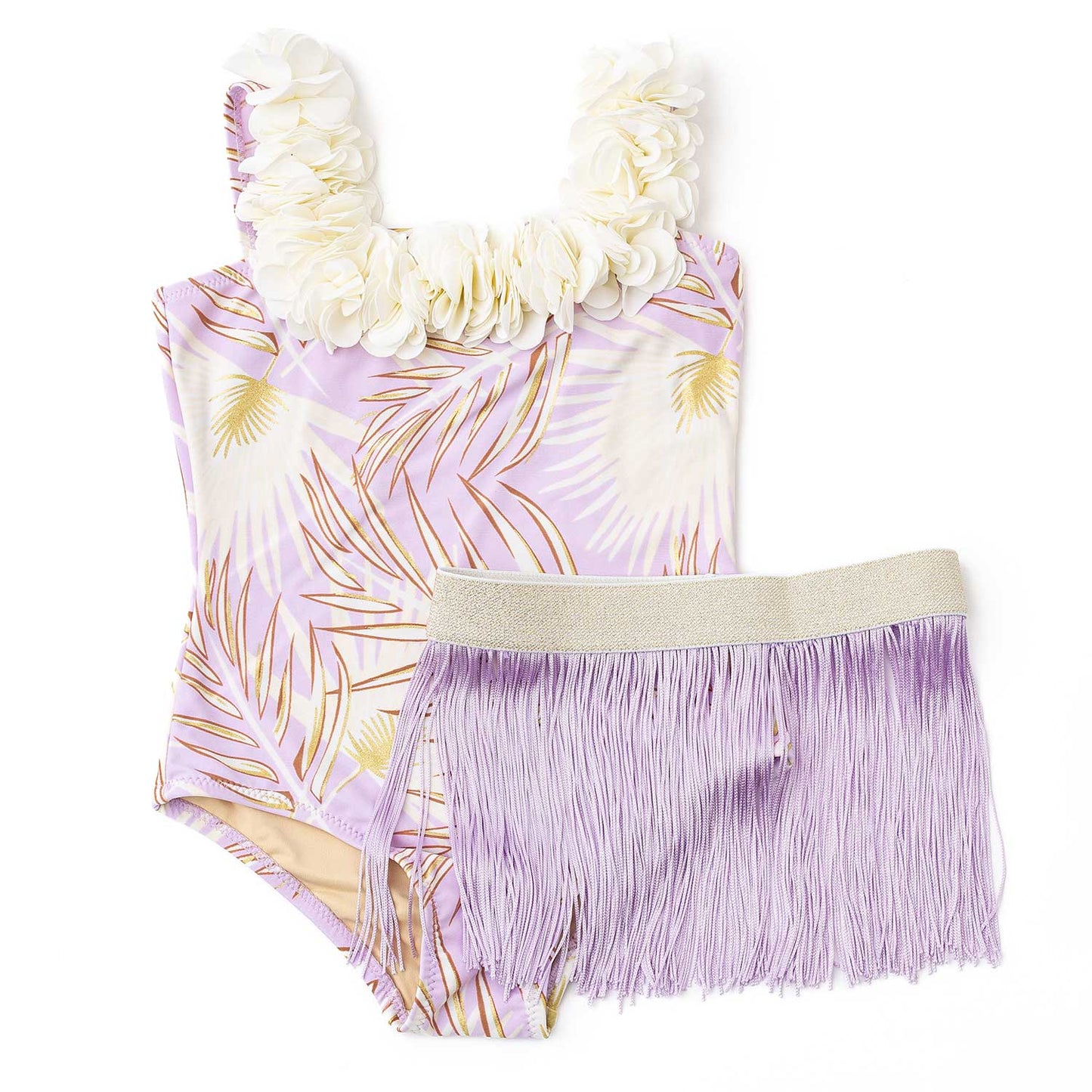 One Piece Bathing Suit & Fringe Skirt - Metallic Hula - Purple