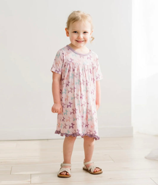 Swing Dress in Shrinking Violet Balloon Dogs