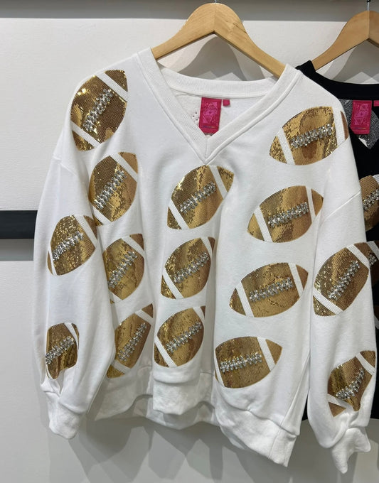 QOS White & Gold Rhinestone Lace Football Sweatshirt