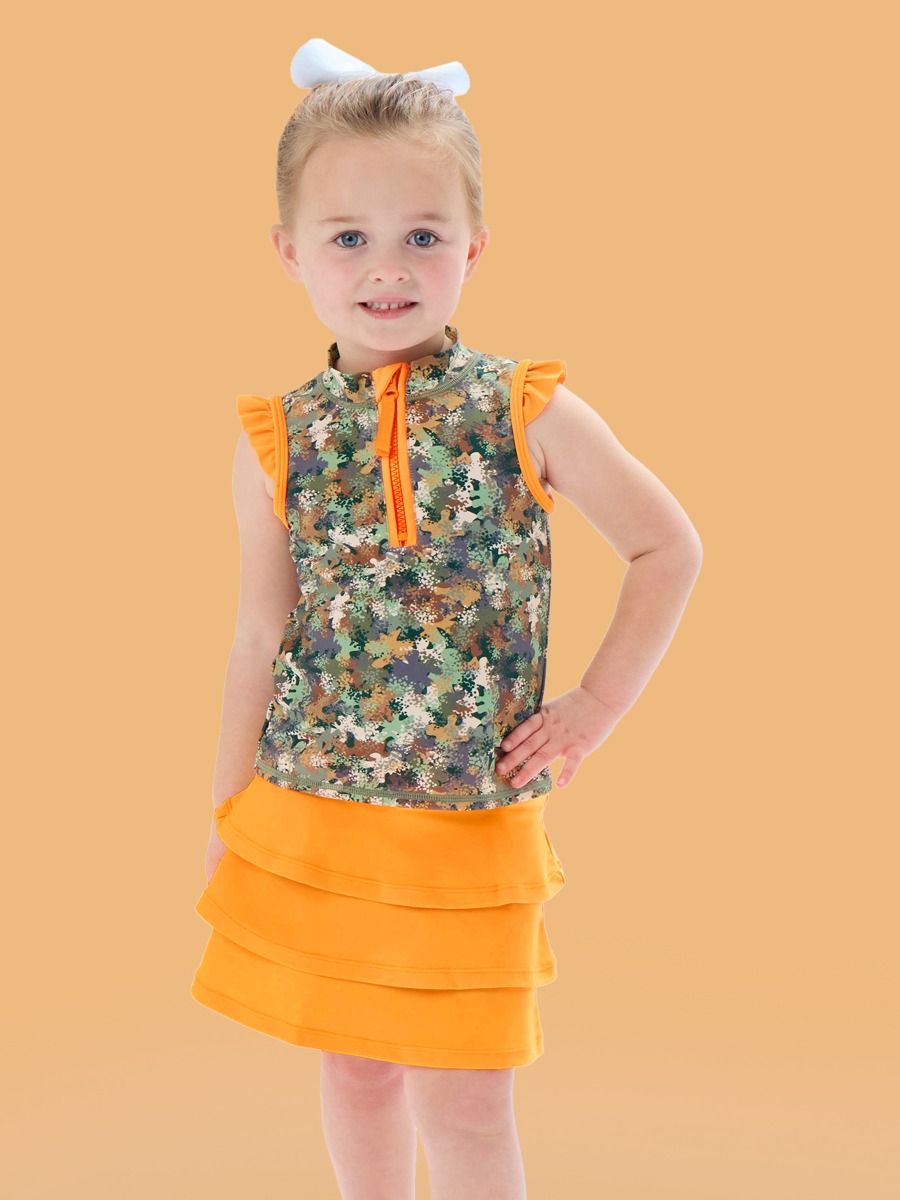 Classic Camo Sleeveless Zip Ruffle Sleeve Active Top