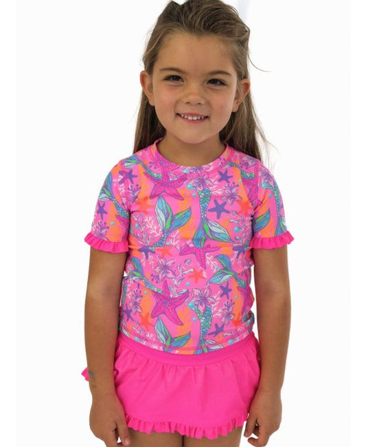 Neon Shimmer Mermaid Short Sleeve Ruffle Rash Guard Skirted 2-Piece Swimsuit