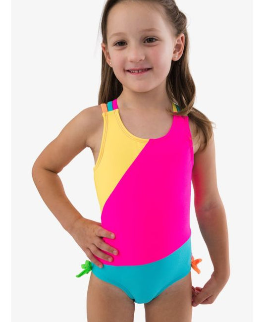 Neon Color Block Block Cross-Back One Piece Swimsuit