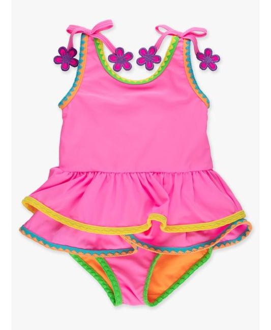 Neon Pink Crochet Detail Peplum One Piece Swimsuit