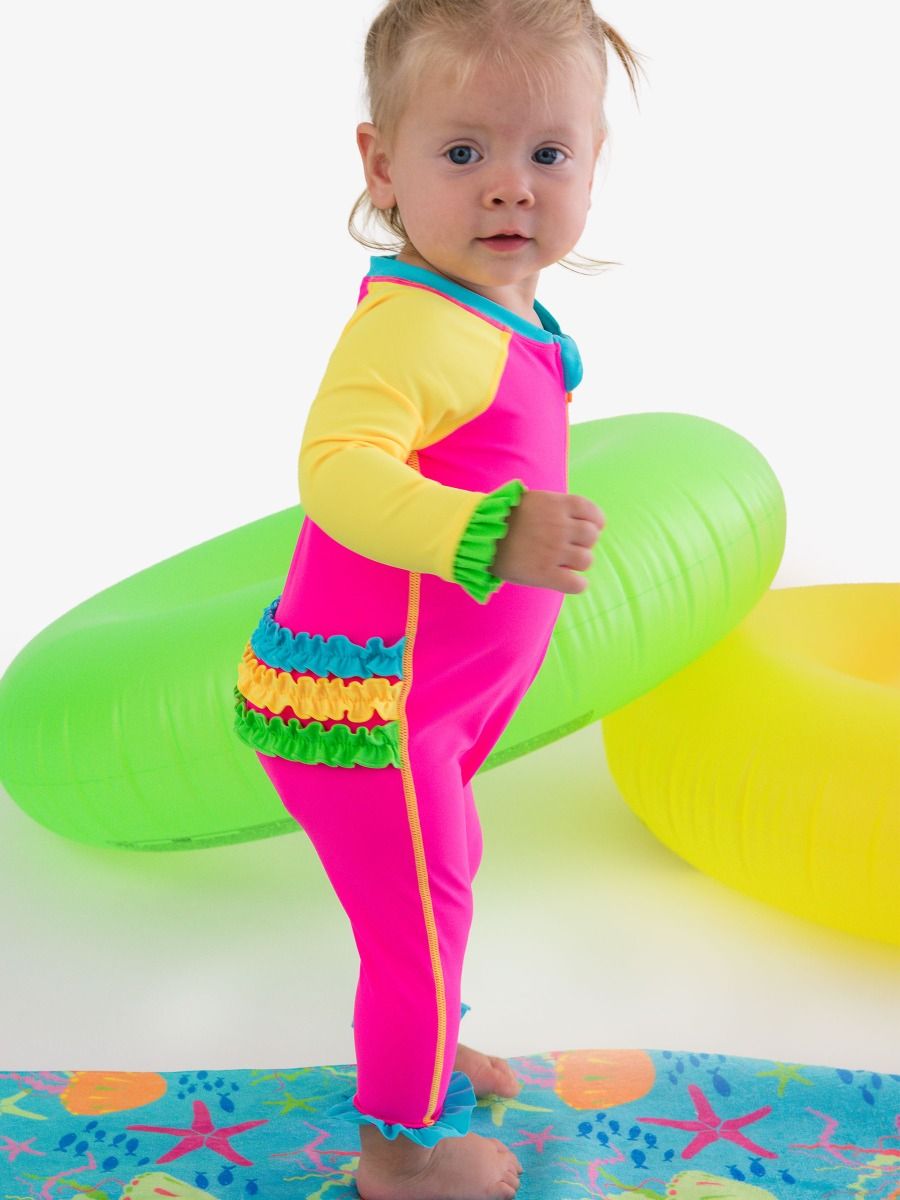Neon Color Block Full Length Long Sleeve Rash Guard One Piece Swimsuit, With Signature Rear Ruffles