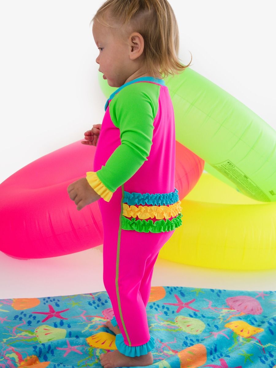 Neon Color Block Full Length Long Sleeve Rash Guard One Piece Swimsuit, With Signature Rear Ruffles