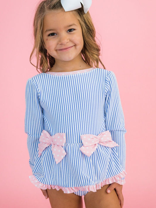 Periwinkle Blue Seersucker Seersucker Long Sleeve One Piece Bow Peplum Rash Guard Swimsuit