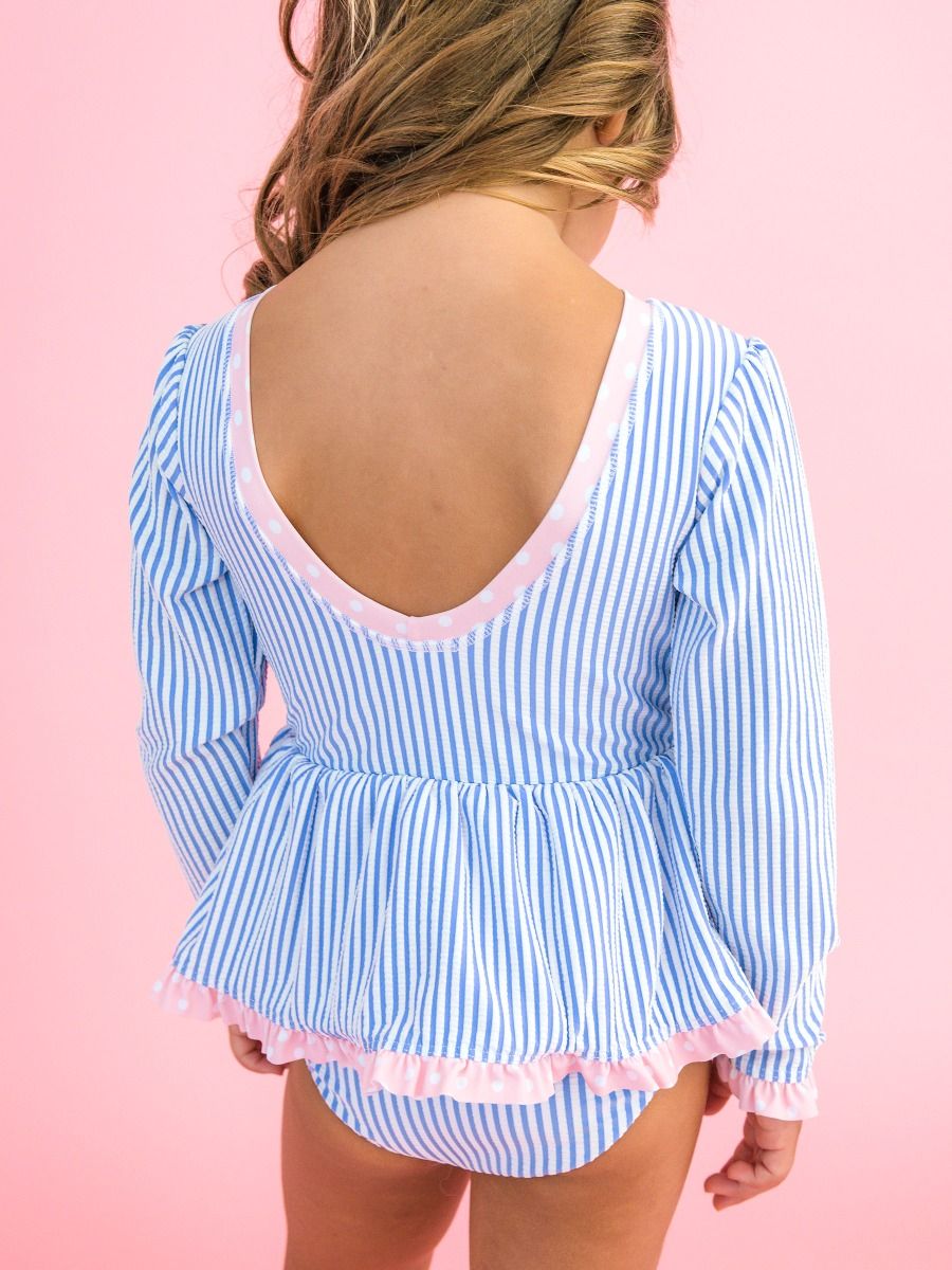 Periwinkle Blue Seersucker Seersucker Long Sleeve One Piece Bow Peplum Rash Guard Swimsuit