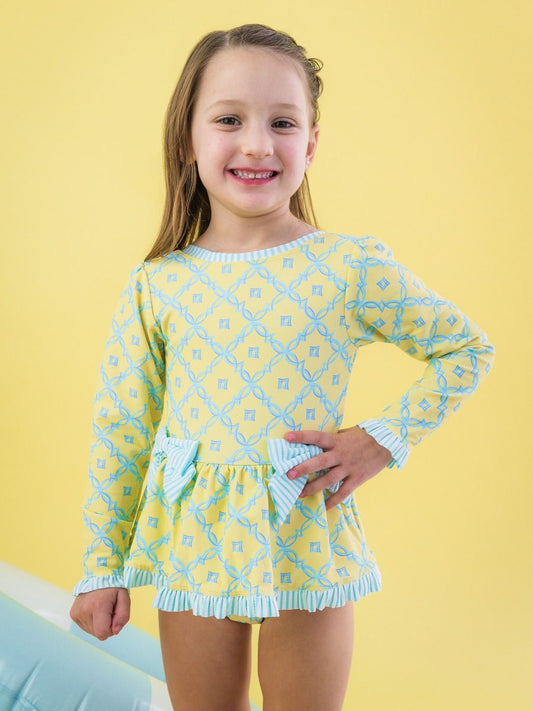 Banana Coastal Charm Long Sleeve One Piece Bow Peplum Rash Guard Swimsuit