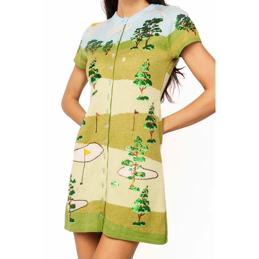 QOS Multi Golf Course Scene Knit Button Up Short Sleeve Dress Women