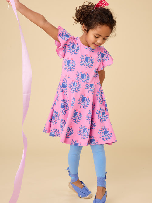 Pomegranate Floral Flutter Sleeve Twirl Dress