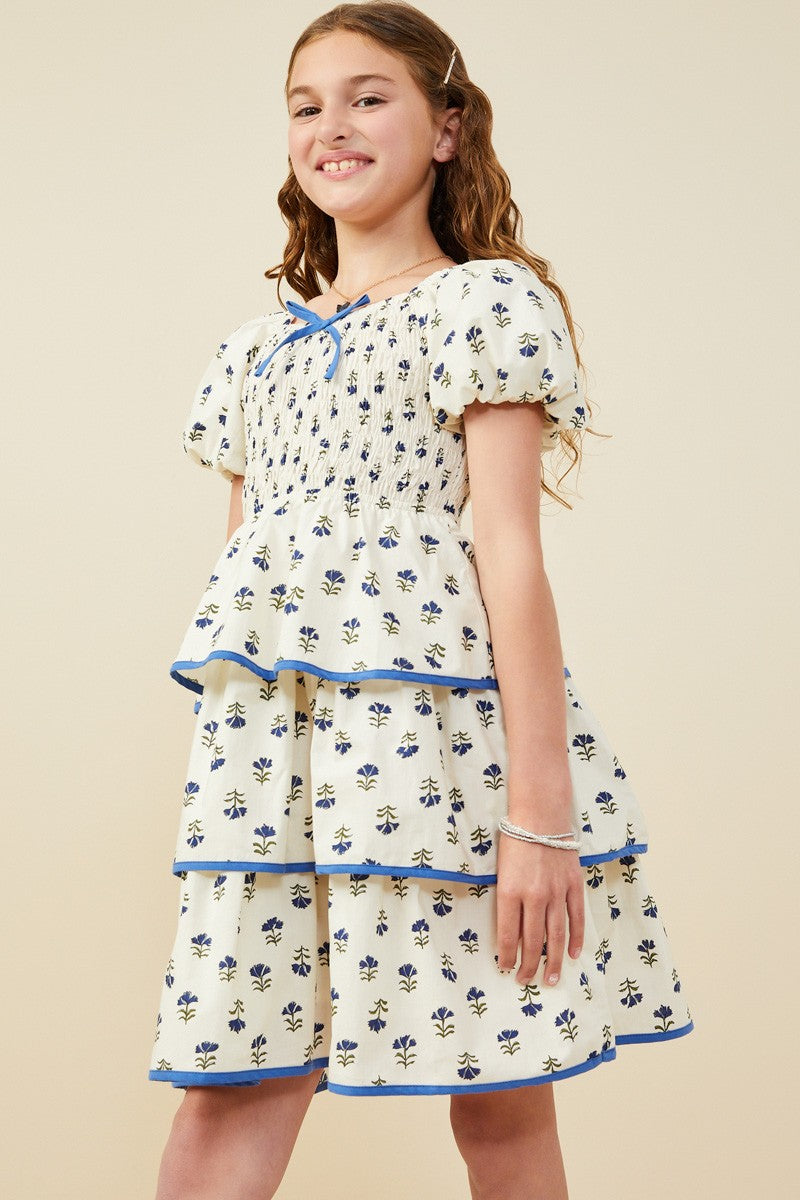 Girls Floral Tiered Smocked Dress