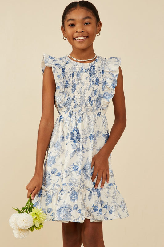 Girls Antique Floral Smock Dress