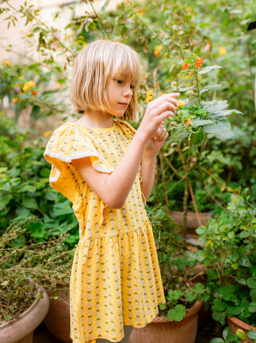 Vintage Floral Tile Crochet Trim Ruffle Dress