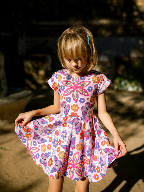 Butterfly Tile Button Back Skirted Dress