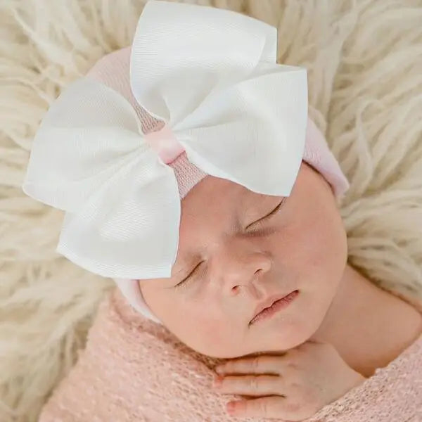 Newborn Girl Hat White Bow with Pink Center