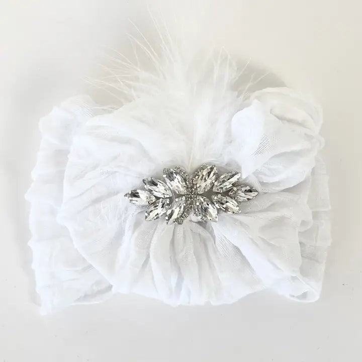 White Fancy Feather Ruffled Headband