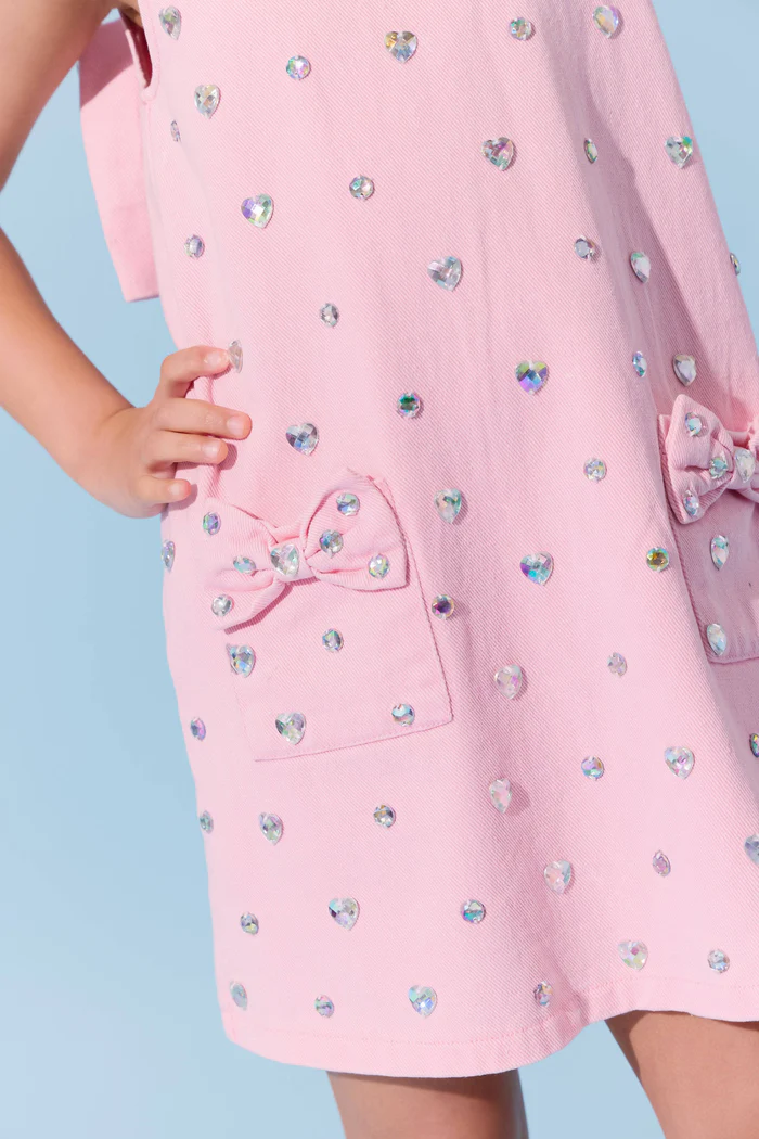 Pink Crystal Heart Denim Bow Dress